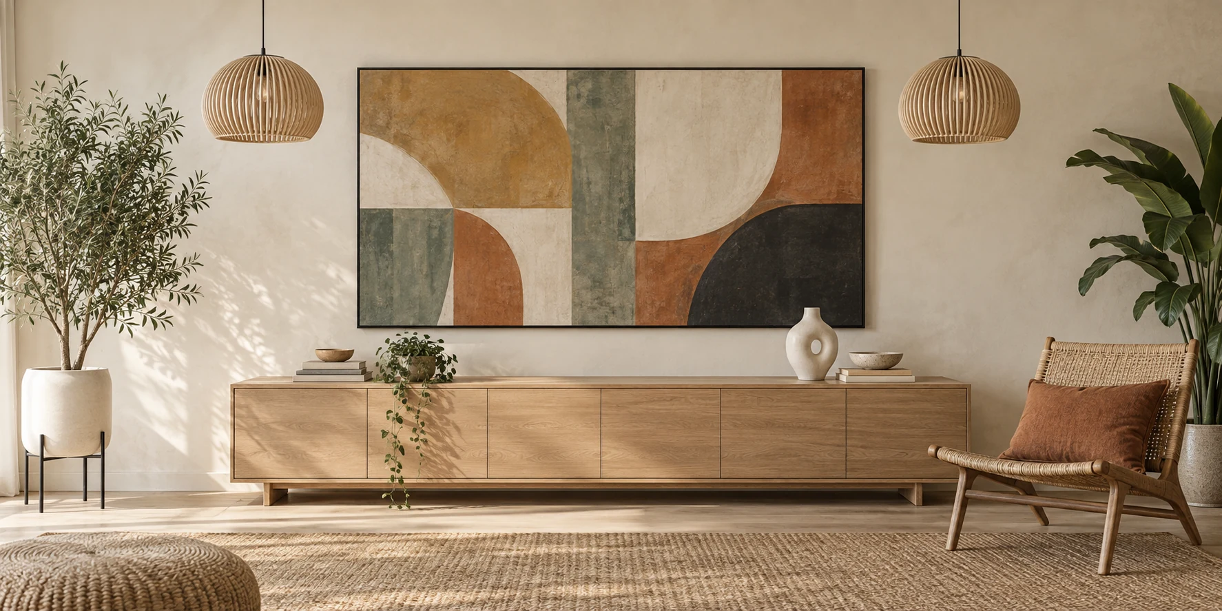 A sunlit room with a wooden sideboard, abstract art, pendant lights and a woven chair.